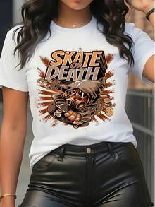 T-shirt graphique à manches courtes pour femmes, imprimé "Skate Or Death", t-shirt décontracté col rond, streetwear pour l'été, coupe ample - Blanc - Voir 6