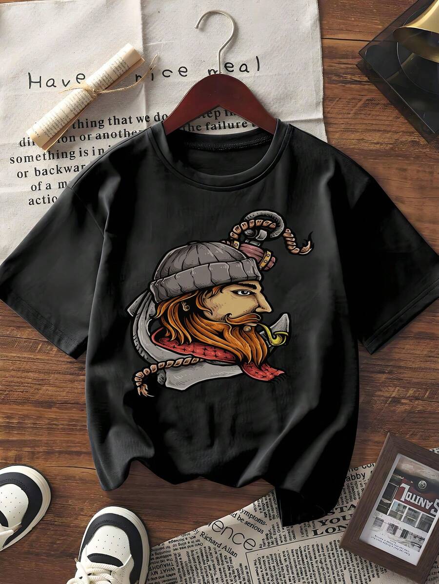 Damska koszulka z krótkim rękawem i okrągłym dekoltem w stylu vintage z kotwicą wikingów, luźny krój, miękka mieszanka bawełny, idealna na letnie ubrania uliczne - Czarne - Zobacz 1