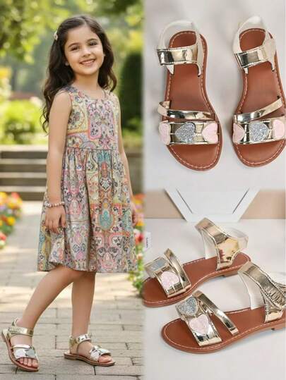 1 Pair Gold Color Heart Patchwork Design Cute Children Flat Sandals, Vintage Solid Color Shiny PU Leather Upper, Fashion Lightweight Comfortable Casual Girls Shoes, Flexible Elastic Lining, Non-Slip Rubber Sole, Suitable For Princess Dresses And Jumper Dresses, Fit For 3-18 Years Old Girls Daily, School, Street, Birthday Party, Holiday, Beach, 2026 Spring/Summer New Arrival