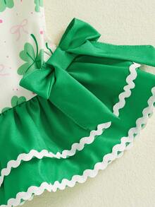Toddler Baby Girls Spring Jumpsuit Bell Bottoms Shamrock Letter Pattern Ruffled Trim Sleeveless Overalls - Green - View 8