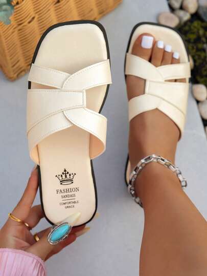 Women's Solid Color Criss-Cross Flat Sandals, Comfortable Minimalist Design For Vacation, Beach, Home, Daily Wear, Summer Open Toe Slippers