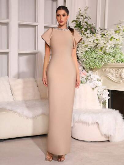 New Apricot Sexy Short Sleeve Round Neck Diamond Slit Dress, Elegant Women's Bridesmaid Gown, Birthday Party Date Night Formal Evening Dress