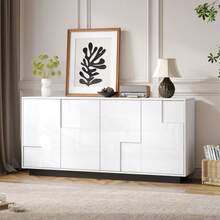 Living Room Sideboard, 160 X 37 X 75.5 Cm, With 4 Doors. High-Gloss Lacquered Furniture, Low Cabinet With Geometric Shapes, Chest Of Drawers Offering Ample Storage Space, White And Black Color Scheme, 160 Cm Wide. - 白色 - 查看 2