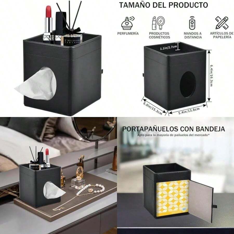 Funda para Caja de Pañuelos de Cuero PU con Bandeja, Soporte Cuadrado Organizador para Pañuelos Faciales, para Baño, Dormitorio, Oficina y Coche (Negro)(default) - Multicolor - Ver 1