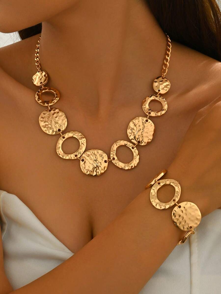 2pcs Minimalist Geometric Necklace & Bracelet Jewelry Set, Suitable For Women's Daily, Party, Banquet, Vacation Occasions, Great Gift For Lover, Friend, Mother - Gold - View 1