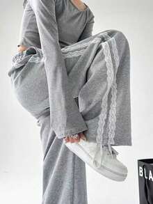 Women's Side Stripe Casual Fashion Sports Outdoor Drawstring Straight-Leg Sweatpants Graduation,Back To School Outfits,Graduation,Teacher Outfits For Women,Back To School - Grey - View 4
