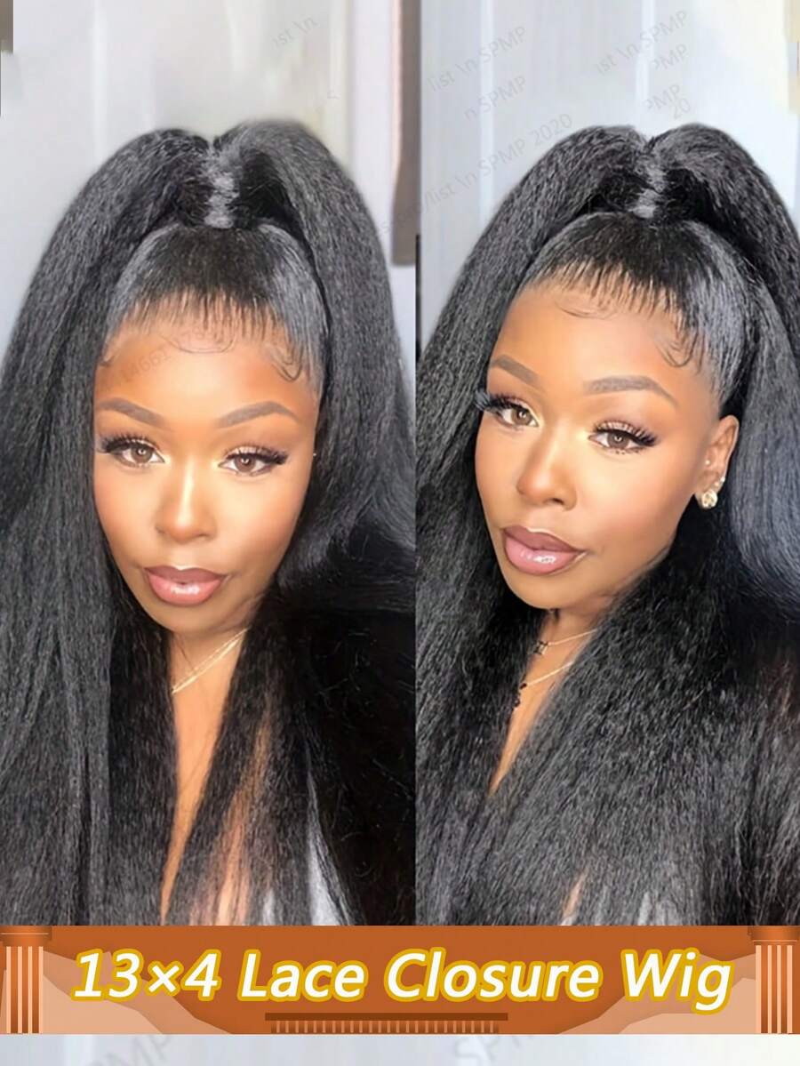 13x4 Transparent Kinky Straight Lace Front Wigs Yaki Straight Human Hair Wigs Bleached Frontal Wigs Texture & Full Volume For Women Pre Plucked 200% Density - Natural Black - View 1