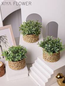 3pcs/Set Artificial Rattan Potted Plants, Seagrass Rope, 3 Identical Green Plants, Made Of PE And Polyester Fiber, Desktop Decor For School, Dorm, Office, Home, Back To School, Valentine's Day, Easter, Spring/Summer - Green - View 3