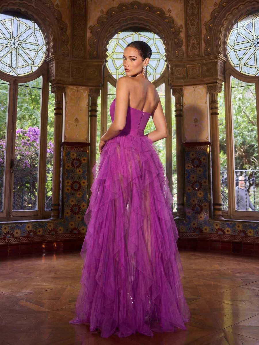 Faeriesty Elegantes ärmeloses trägerloses Maxikleid aus Mesh-Stoff mit gestuften Lagen und Beinschlitz, perfekt für Partys - Violett - Übersicht 1