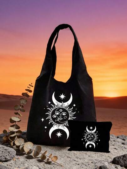 日月塔罗牌印花帆布手提袋套装（大号+小号），多功能可重复使用购物袋，星空帆布手提袋，适合携带日常用品和杂货，是神秘时尚爱好者、神秘学爱好者、女性、购物者的理想之选，非常适合日常购物、通勤、休闲外出、神秘学聚会。