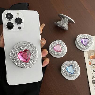 Rhinestone & Crystal Heart Shaped Minimalist Magsafe Magnetic Phone Holder, Extendable & Foldable, Strong Suction Cup, For Women