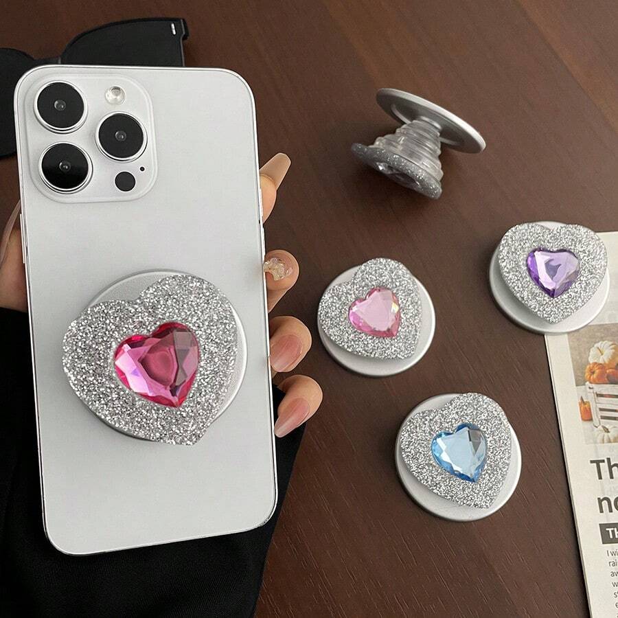 Rhinestone & Crystal Heart Shaped Minimalist Magsafe Magnetic Phone Holder, Extendable & Foldable, Strong Suction Cup, For Women - Multicolor - View 1