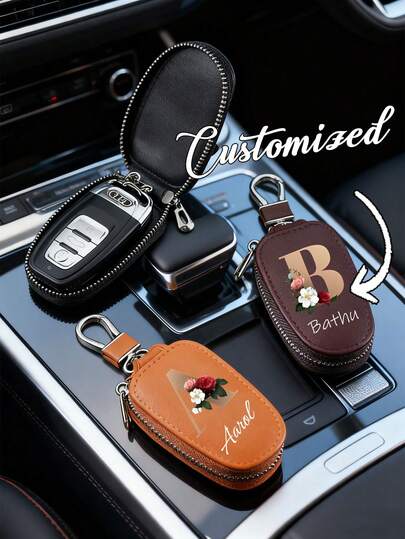 1pc Customized Retro Business Multi-Function Zipper Key Holder Case, Customizable Text & Initial Printing, Men's Casual Portable Key Organizer, Large Capacity Key Chain Car Key Bag, Key Pouch PU Leather Keychain Wallet Zipper Bag, Car Key Ring, Christmas Gift, Halloween Gift, Teacher's Day Gift, Valentine's Day Gift, Mini Wallet For Men