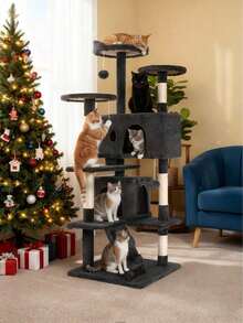 Tree Tower Indoor Cats, 53.9in Multi-Level Furniture Activity Center, House With Sisal Scratching Post, Large Dual Condo, Climbing Ladder, Plush Toy Kitten - 灰燼 - 查看 1