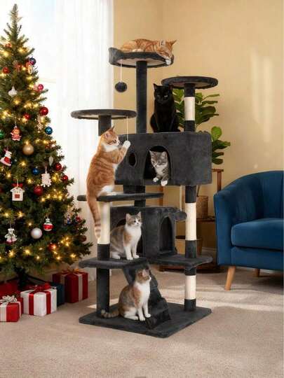 Tree Tower Indoor Cats, 53.9in Multi-Level Furniture Activity Center, House With Sisal Scratching Post, Large Dual Condo, Climbing Ladder, Plush Toy Kitten