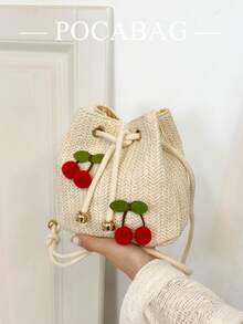 Bolso de hombro/bandolera de moda con diseño de fresa, bolso de cubo con cordón, bolso minimalista de cereza para ir al trabajo - Beis - Ver 2