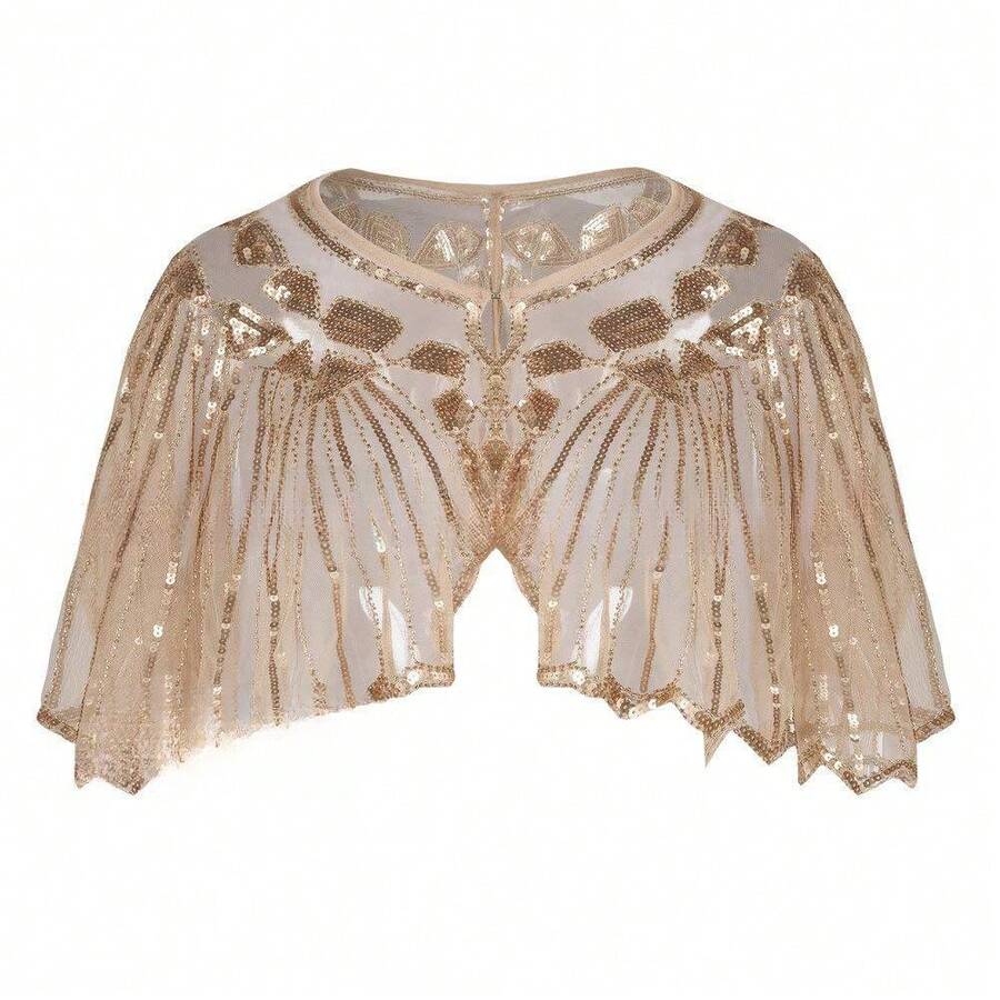 Kravon Evening Party Dress For Women, Vintage Sequin Hollow Cape Stage Dress With Lace Shawl - Màu be - Xem 1