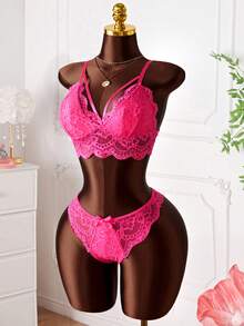 2pcs Women Sexy Lingerie Set, Adjustable Strap Triangle Cup Zipper Bra And Semi-Sheer Lace Panty, Comfortable Sleepwear Set - Hot Pink - View 3