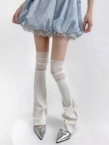 1 Pair Spring/Autumn New Korean Style Mesh Ballerina Patchwork Leg Warmers, Light Gray/White/Black Knitted Flared Leg Warmers, Y2K Subculture Hot Girl White Thigh High Leg Warmers - Multicolor - View 5