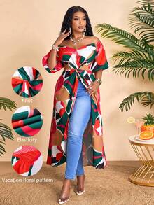 BIUBIU 度假风花卉图案加大码梭织面料甜心领泡泡袖长款上衣 - 紅色 - 查看 1