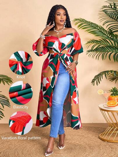 BIUBIU Vacation Floral Pattern Plus Size Woven Fabric Sweetheart Neck Puff Sleeve Long Top