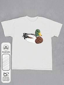 Áo thun nữ cỡ lớn tay ngắn cổ tròn phối họa tiết vịt trời ngồi, kiểu dáng thường ngày, thích hợp mặc mùa hè. Áo thun trắng nữ họa tiết săn chim. - trắng - Xem 5