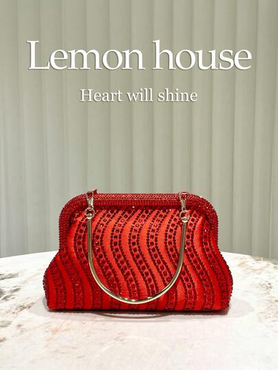 1pc Red Luxury Glitter Wavy Rhinestone Embellished Women's Handbag, Elegant Clutch Purse, Suitable For Evening Party, Wedding, Prom, Festival And Other Occasions, Comes With Detachable Shoulder Strap