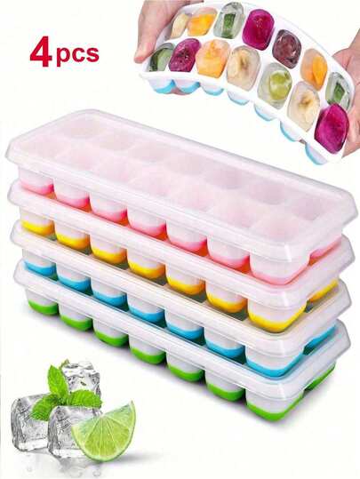 4pcs Silicone Ice Cube Trays, Easy Release & Flexible, 14-Cavity 4-Color Mixed, With Spill-Proof Removable Lid, Stackable, Kitchen Accessories, Small Kitchen Tool