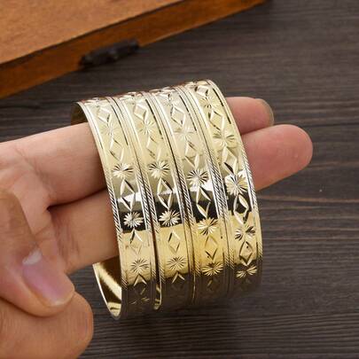 2件/4件装女士经典金色手镯，迪拜派对珠宝，菱形图案设计手镯，非洲新娘婚礼礼物