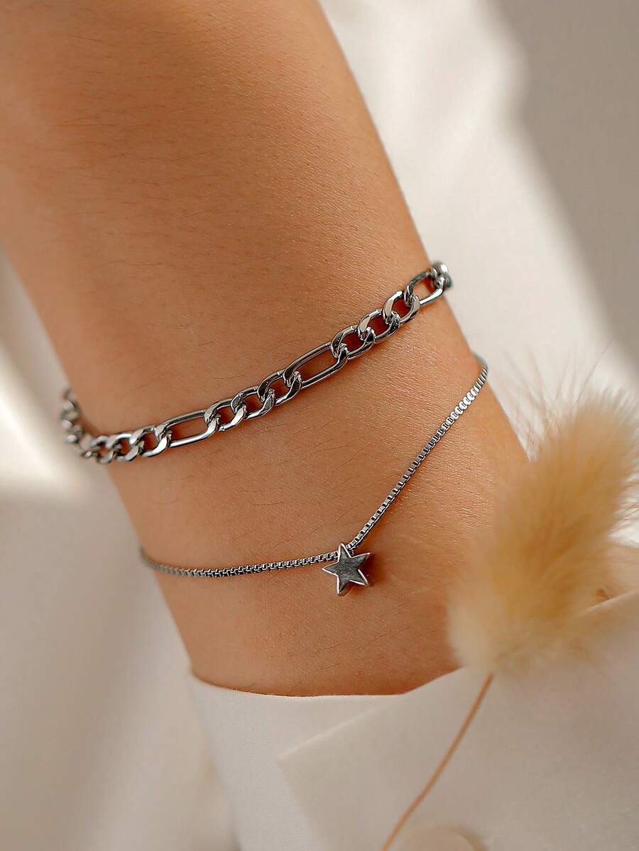 2pcs/Set Multi-Layer Silver Star Layered Bracelet, Minimalist & Fashionable, Suitable For Women's Daily Wear - Silver - View 1