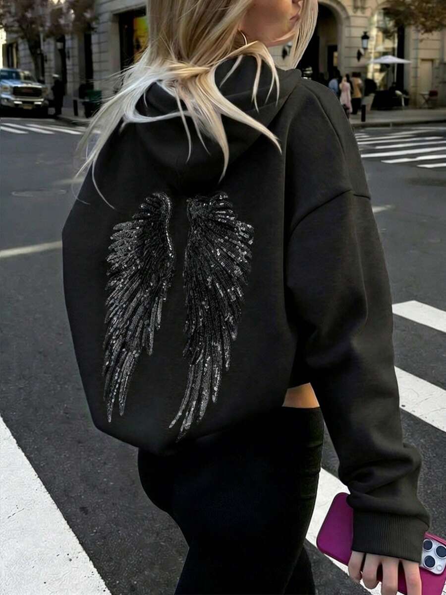 亮片刺绣天使翅膀浅灰色卫衣 Y2K 可爱女式卫衣，休闲落肩长袖女式卫衣 黑色 - 黑色 - 查看 1