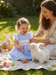 Toddler Girl Easter Outfit Baby Girls Bunny Egg Chick Cross Plaid Princess Dress Cute Spring Summer Kids Clothes - 藍色 - 查看 7