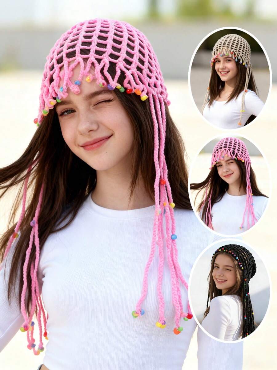 1pc Handmade Crochet Bohemian Style Teenage Hat (12-16 Years Old) - Breathable Tassel Beaded Sun Hat, Lightweight Hollow Summer Headwear - Handmade Openwork Headdress With Tassels - View 1
