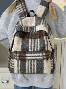 Women's Functional Backpack, British Style Bookbag, Retro Plaid Wool Felt Backpack, Versatile For Students And Daily Use - Green - View 4