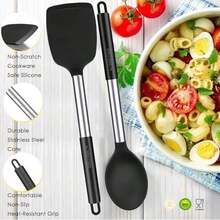 Kitchen Utensils Set Of 2, Silicone Cooking Utensils, Turner/Spatula, Spoons - Heat Resistant, Nonstick Cookware, Dishwasher , Black - / - View 3