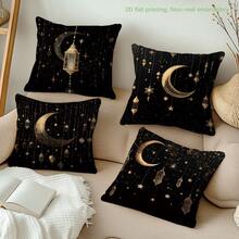MEMNUN 4pcs Ramadan Kareem Cushion Covers With Crescent Moon And Star Print Pattern, Soft Plush Fabric, Decorative Pillow Covers For Home, Bedroom, Gift (Without Pillow Insert), 17.7*17.7in/19.69*19.69in/15.75*15.75in - Multicolor - View 1