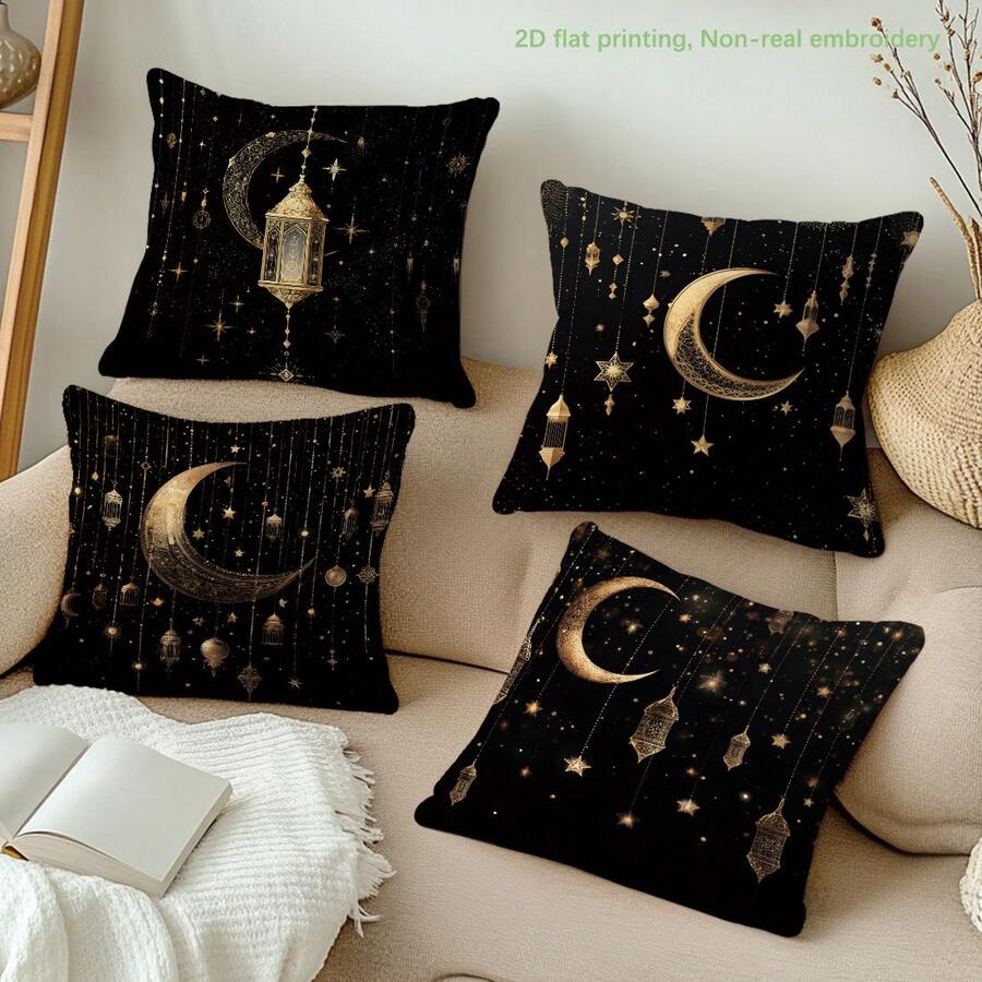 MEMNUN 4pcs Ramadan Kareem Cushion Covers With Crescent Moon And Star Print Pattern, Soft Plush Fabric, Decorative Pillow Covers For Home, Bedroom, Gift (Without Pillow Insert), 17.7*17.7in/19.69*19.69in/15.75*15.75in - Multicolor - View 1