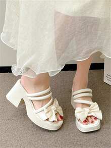 Women's Fashion Simple Round Toe Bow Slip-On Soft Bottom Black & White Two-Tone Chunky Heel High Heel Sandals - White - View 3