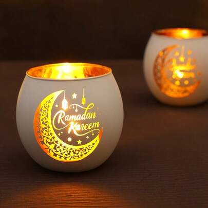 1pc White & Gold Eid Mubarak Candle Holder | Vintage Moon & Star Design Enameled Glass, Tabletop Decor, Suitable For Ramadan! Decor, Eid Mubarak And Eid Al-Fitr Gift, FengRise Islamic Ramadan Party Supplies