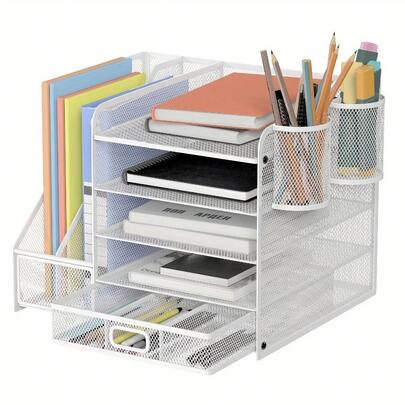 Desk Organizer File Holder, 5-Tier Paper Letter Tray Organizer With Drawer, 2 Pen Holder, Mesh Desktop Storage With Magazine Holder For Documents, Books, And Supplies, Storage Organizer
