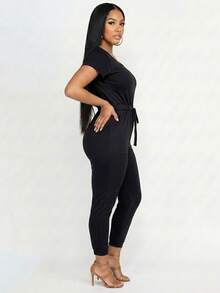 Women's Solid Color Casual Two-Way Shoulder Tie Waist Drawstring Short Sleeve Jumpsuit Scoop Neck Off Shoulder Jumpsuit For Women - 黑色 - 查看 2