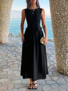 Bộ đồ nữ mùa hè màu trơn gồm áo tank top và chân váy ngắn, thích hợp cho kỳ nghỉ hè. - màu đen - Xem 5