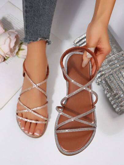 Summer New Round Toe Casual Fashion Striped Criss-Cross Rhinestone One-Piece Elastic Band Ankle Strap Women Flat Sandals For Vacation Beach