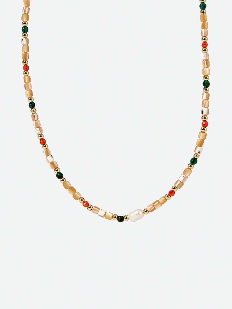 Opalesca 1pc Natural Stone & Freshwater Faux Pearl Dopamine Beaded Necklace - Multicolor - View 1