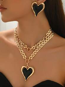 Set de 2 piezas de pendientes de cadena doble con parche en forma de corazón al estilo de Oriente Medio y collar babero minimalista - Amarillo Oro - Ver 4