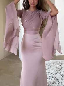 Women's Long-Sleeved Bodycon Dress Elegant Round Neck Pleated Batwing Sleeve Dress Cocktail Party Formal Evening Ball Gown Slim Fit Long Skirt Waist Cinched Dress Gift For Valentine's Day And Graduation Party Birthday Celebrations Concert Hoing Out Outfit - 粉色 - 查看 5