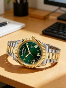 Guess GW0265G8 Classic Elegant Men's Quartz Analog Wrist Watch With Date/Day Display, Green Round Dial, Silver-Gold Stainless Steel Strap, Suitable For Daily Business Wear, Also An Ideal Gift For Men - Green - View 5