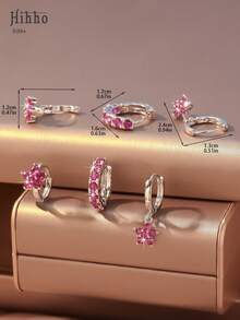 Hihho Set de 6 pendientes de aro con flores y piedras de circonia brillantes, joyería de lujo como regalo - Plateado - Ver 8