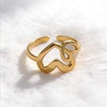 1pc Sweet Double Heart Stainless Steel Gold Plated Adjustable Ring, Everyday Wear, Valentine's Day Gift - As Shown - View 3