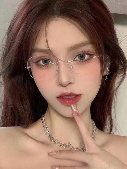 1件铜色几何银色无框眼镜装饰，现代简约风格，ins风，女士透明眼镜，适合日常办公约会穿搭，节日礼物，返校必备，周末穿搭，时尚配饰